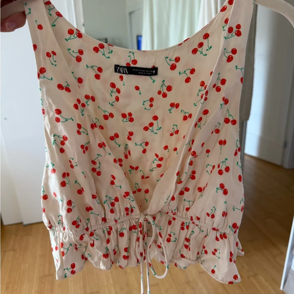 Zara Satin Effect Cherry Print Crop Camisole - Cream and Red - Picture 4 of 5